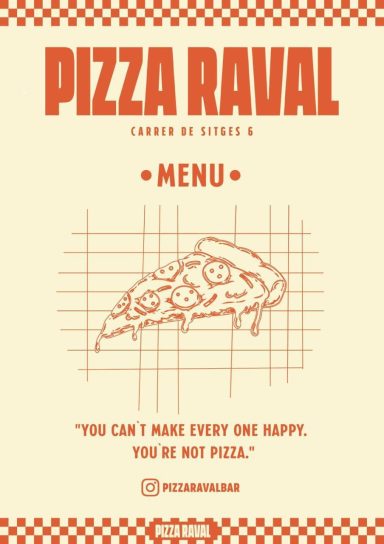 Menú de Pizza Raval con una pizza y un lema sobre la felicidad y la comida.